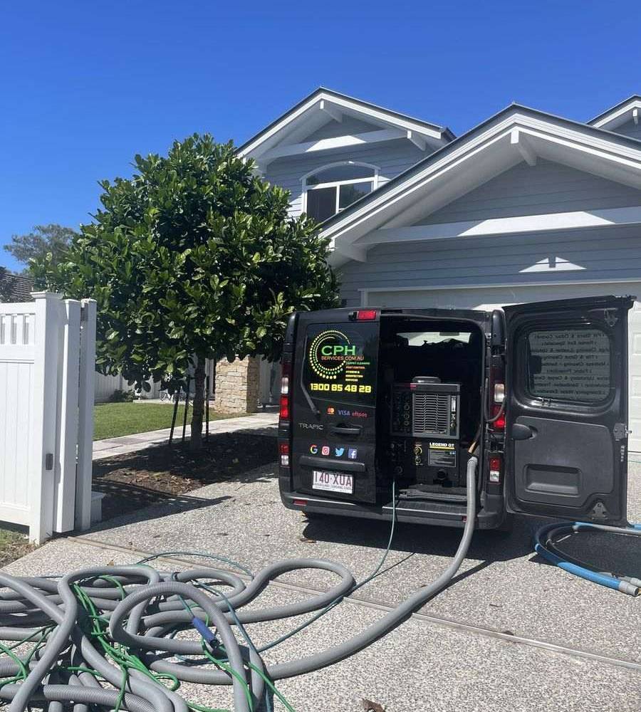CPH Services Gold Coast van with truck mounted carpet cleaning hoses at a Burleigh Heads home