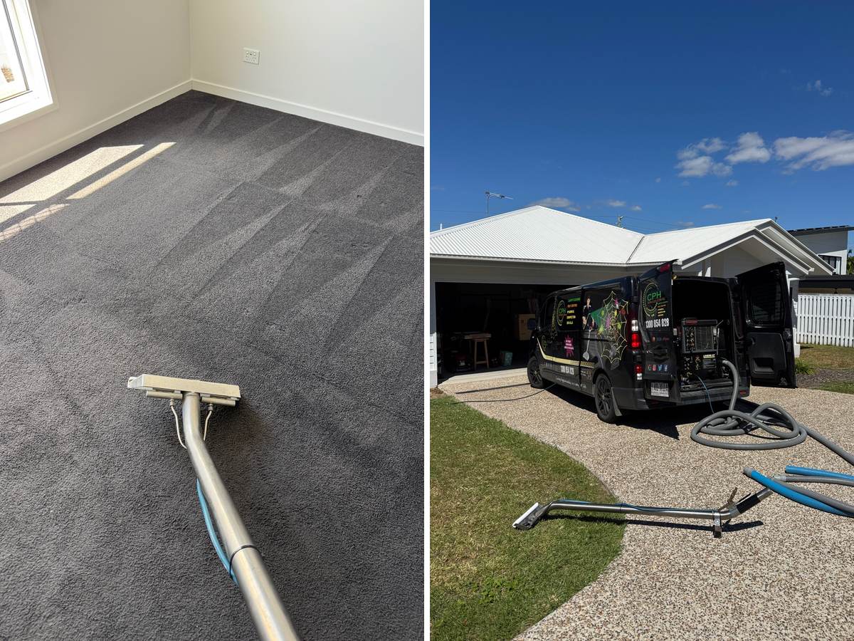 carpet cleaning Southport wand pass on charcoal carpet and the truck mounted van on the driveway CPH Services Gold Coast