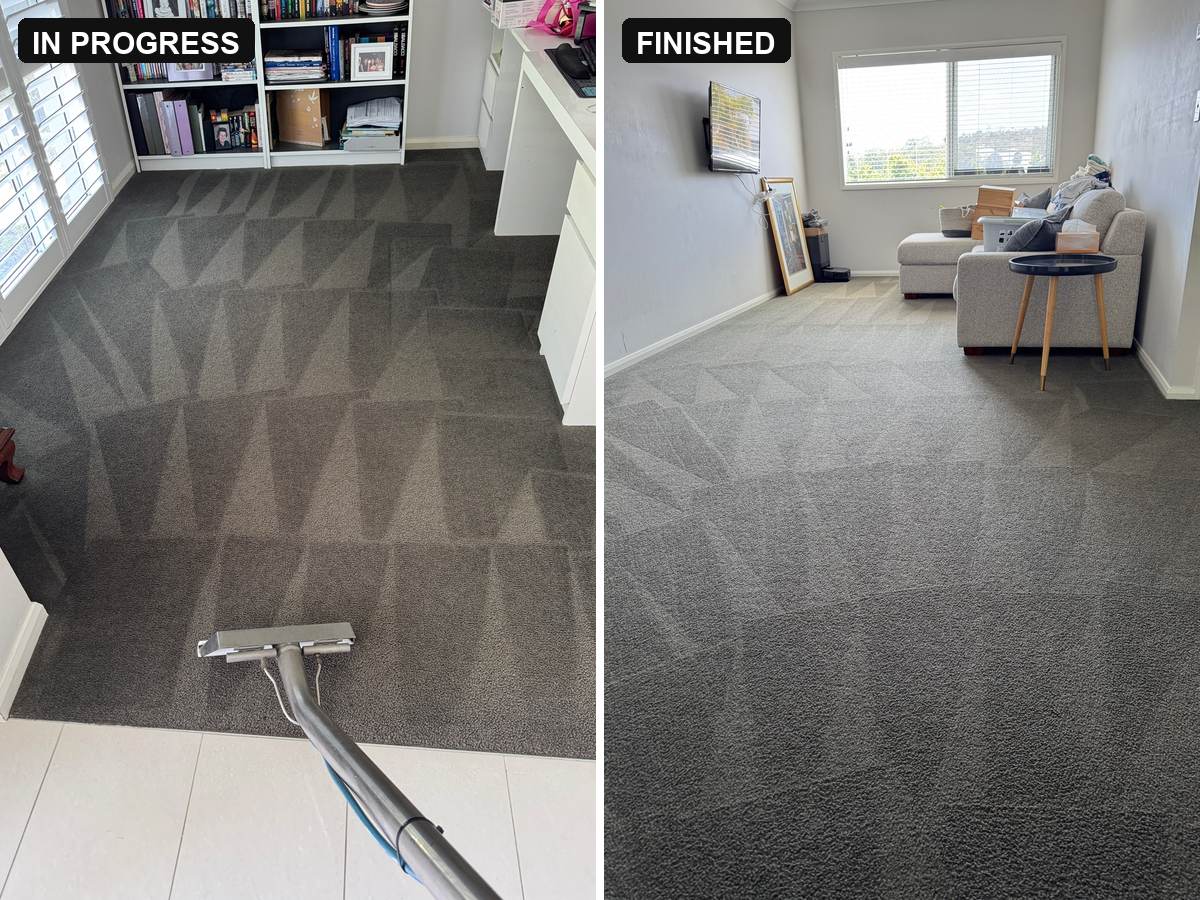 carpet cleaning Reedy Creek before and after, the wand in a study and the finished lounge room carpet in a two storey home CPH Services Gold Coast