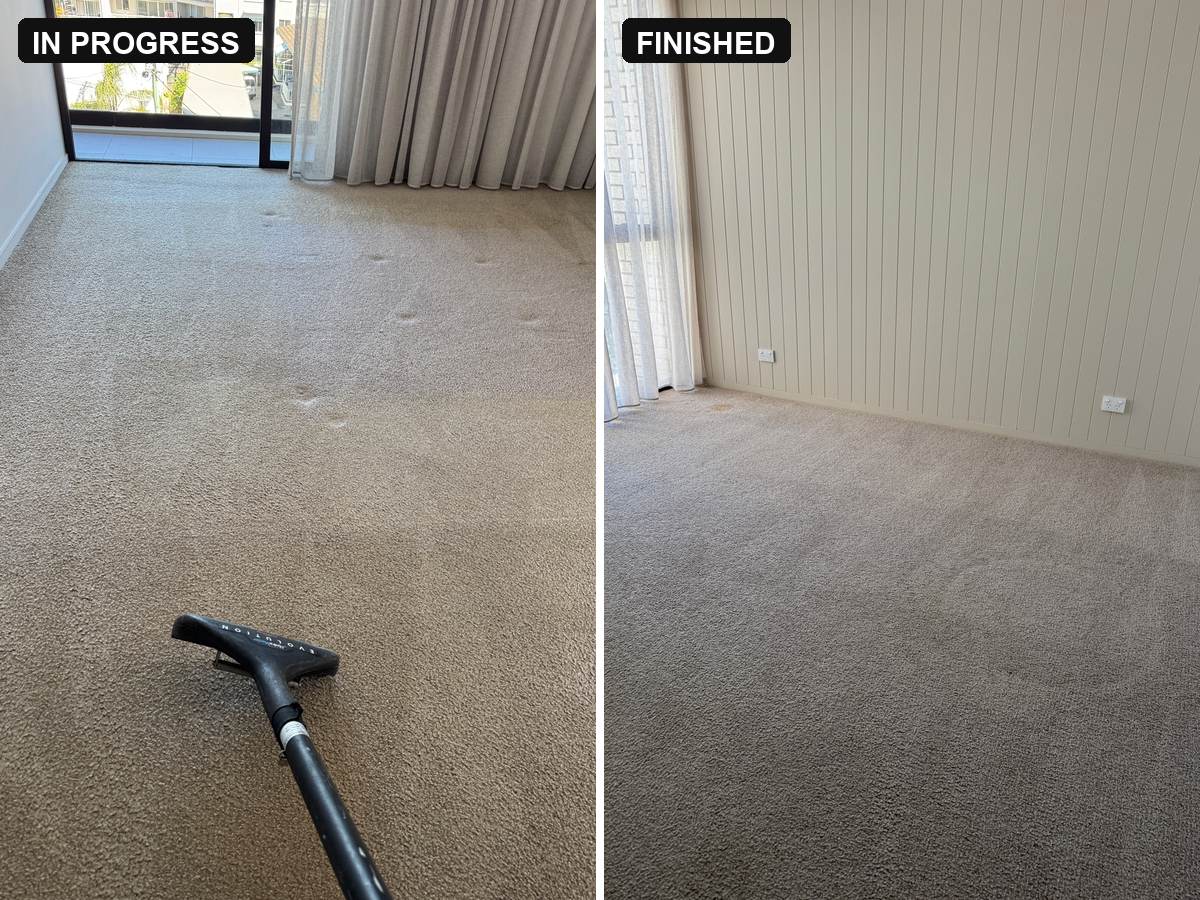 in progress and finished end of lease carpet cleaning Mermaid Beach unit beige bedroom carpet with the extraction wand then a finished room CPH Services Gold Coast