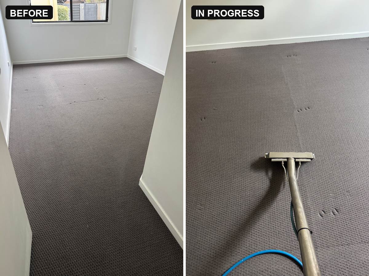 before and in progress end of lease carpet cleaning Mermaid Waters empty bedroom with dark carpet then the extraction wand mid clean CPH Services Gold Coast