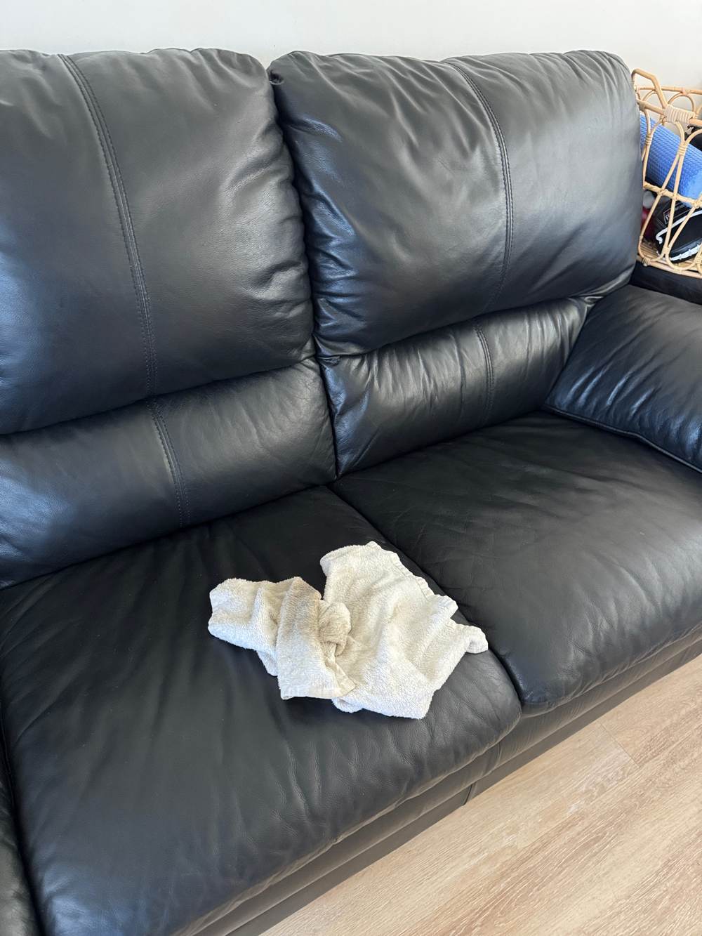 leather lounge urine cleaning Southport, black leather lounge with a towel on the treated seat, CPH Services Gold Coast