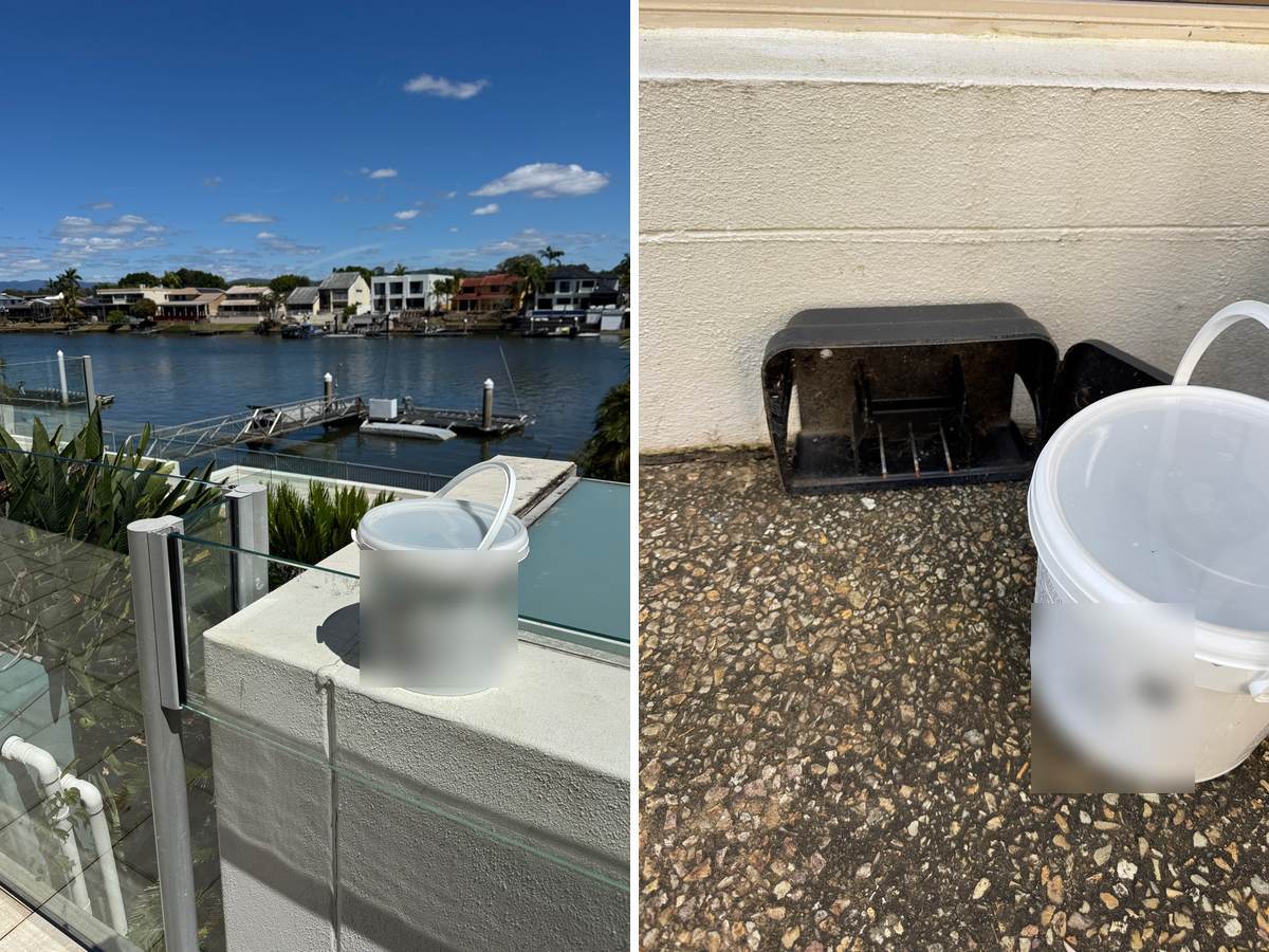 rodent program Benowa, a service bucket on a terrace overlooking the canal and a lockable rodent station against the wall of a waterfront home CPH Services Gold Coast